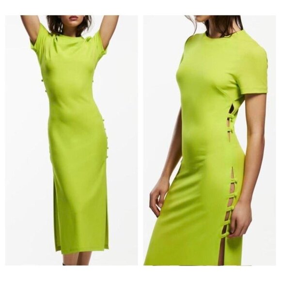 NWT Zara Lime Green Side Cut  Out Button Detail Midi Dress M - Picture 1 of 11